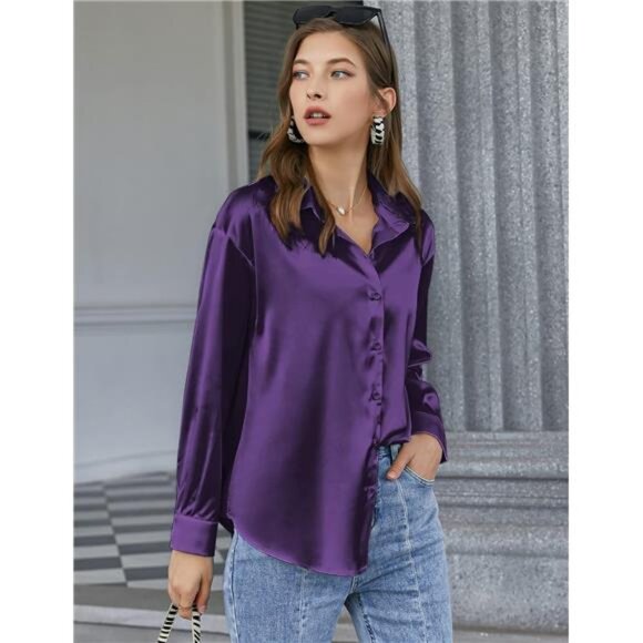 Women's Satin Silk Button-Down Blouse - Picture 4 of 7